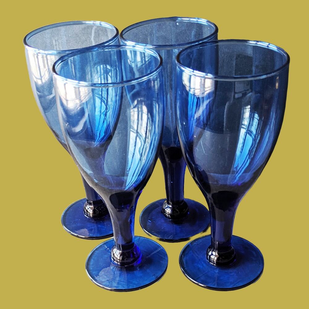 Vintage 1970s Hand Blown Blue Wine Glasses, Set of Four
